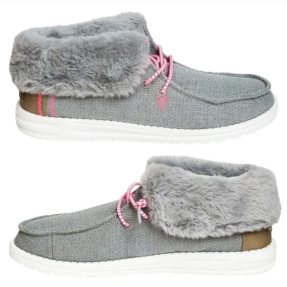NWT Hey Dude Britt youth girls boho fold slip on shoes boots grey pink faux fur